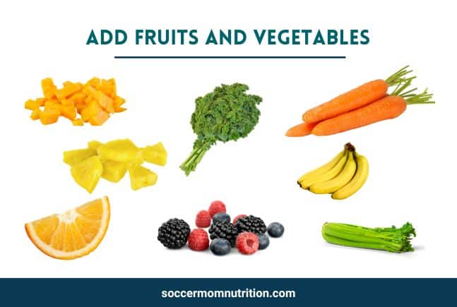 how to make a smoothie, add fruits and vegetables, banana, mango, pineapple, kale